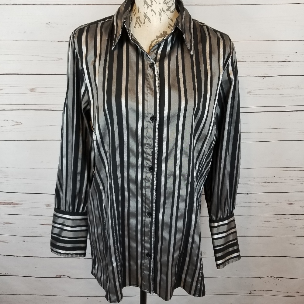 Ashley Stewart Metallic Button Down Stripe Top 14